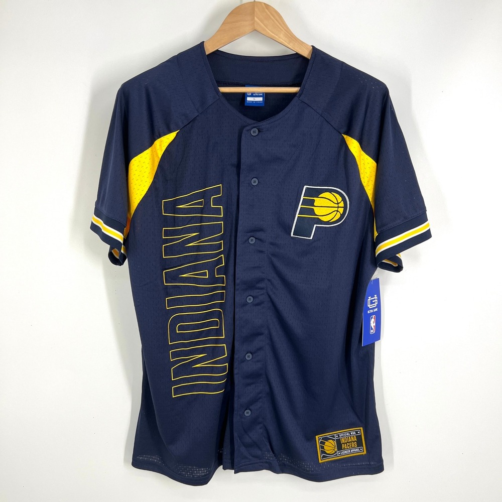 Ultra Game NBA Indiana Pacers Jersey Mens Large Navy Blue Mesh Button Down NWT